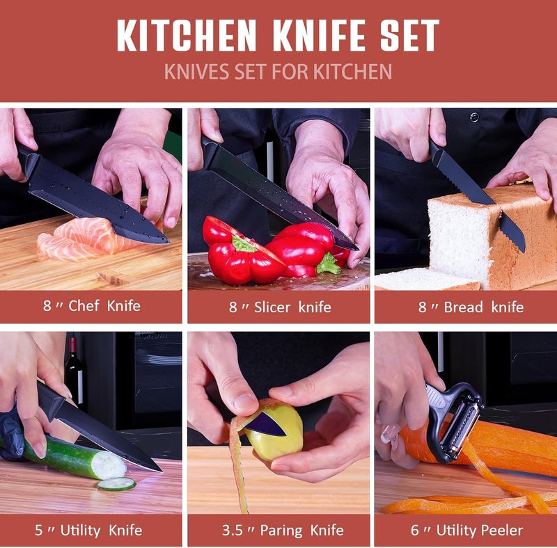 RAXCO Knife Set with Block,10-Piece Kitchen Knives Stainless Steel,Pro-sharpened for Cooking,Slicing,Mincing,Dicing,Black - Image 4
